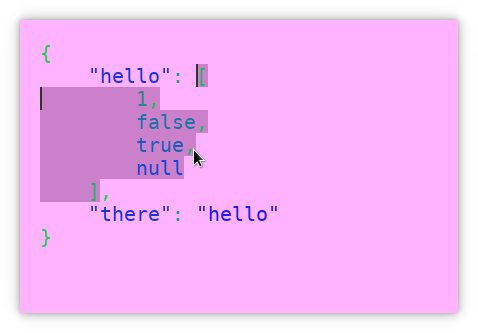 Screenshot of rledit editing a JSON document with a selection.