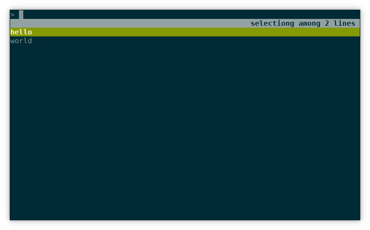 Screenshot of rlselect showing two entries, hello and world, with hello selected.