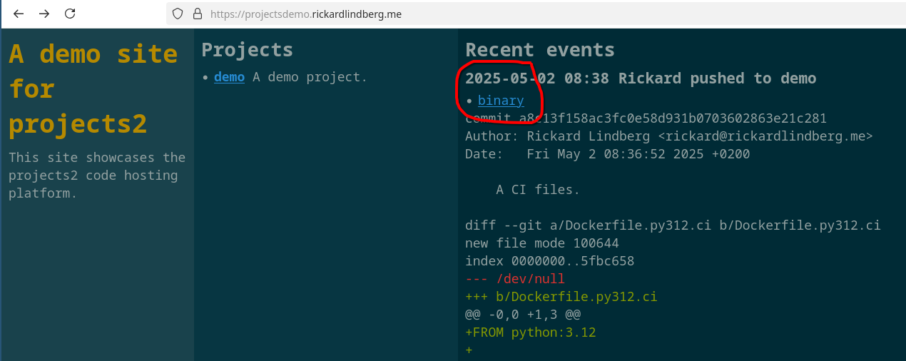 The projectsdemo website which shows a link to an artifact in the most recent event.