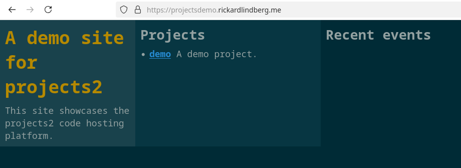 The projectsdemo website which now also shows the projects placeholder filled in with the demo project.