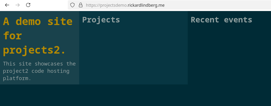 The initial projectsdemo website which shows only the instance title, descriptions, and empty placeholders for projects and events.