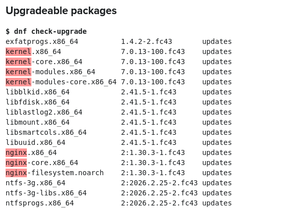 A screenshot of part of a monitoring report email that shows upgradeable packages from the "dnf check-upgrade" command.